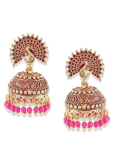 Pink Bead Jhumka Earrings