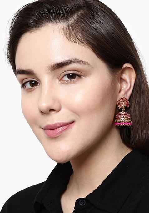 Pink Bead Jhumka Earrings