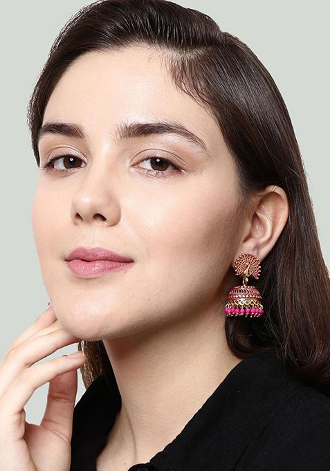 Pink Bead Jhumka Earrings