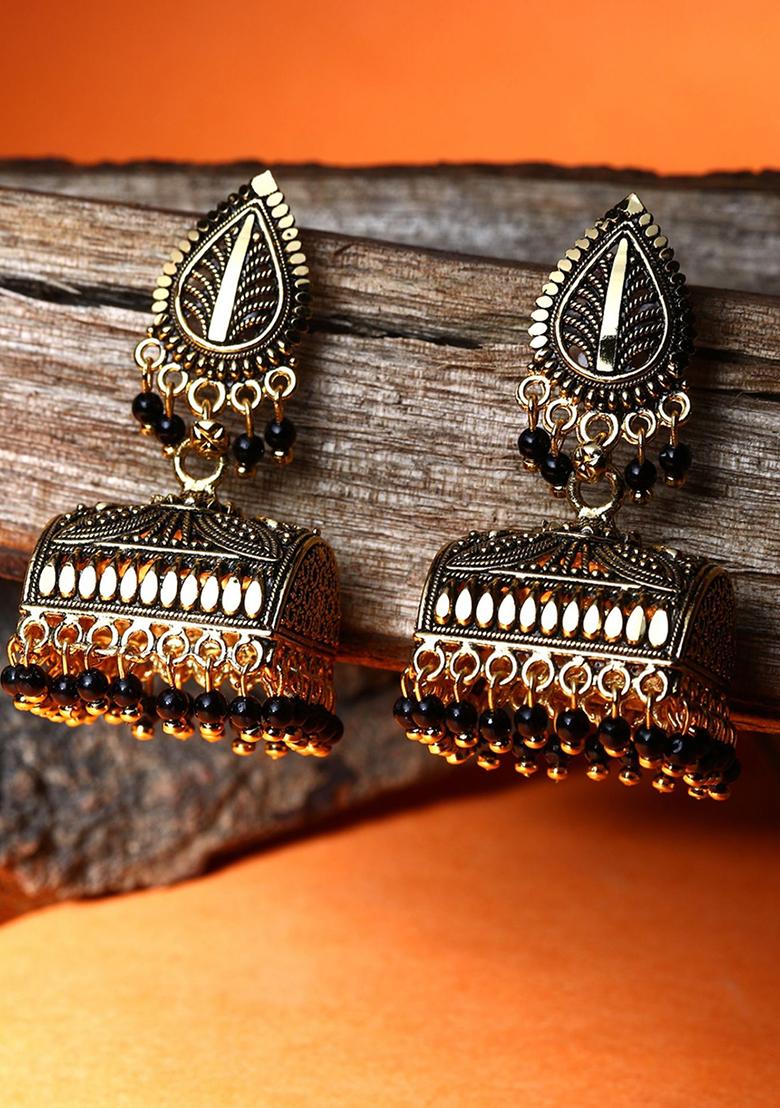 Black Bead Jhumka Earrings - Indya