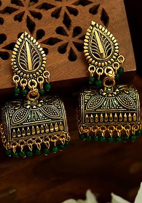 Green Bead Jhumka Earrings