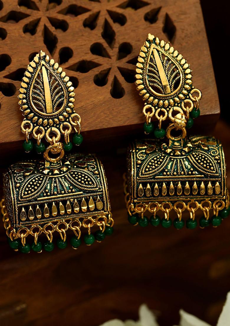 Green Bead Jhumka Earrings