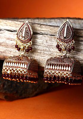 Maroon Bead Jhumka Earrings