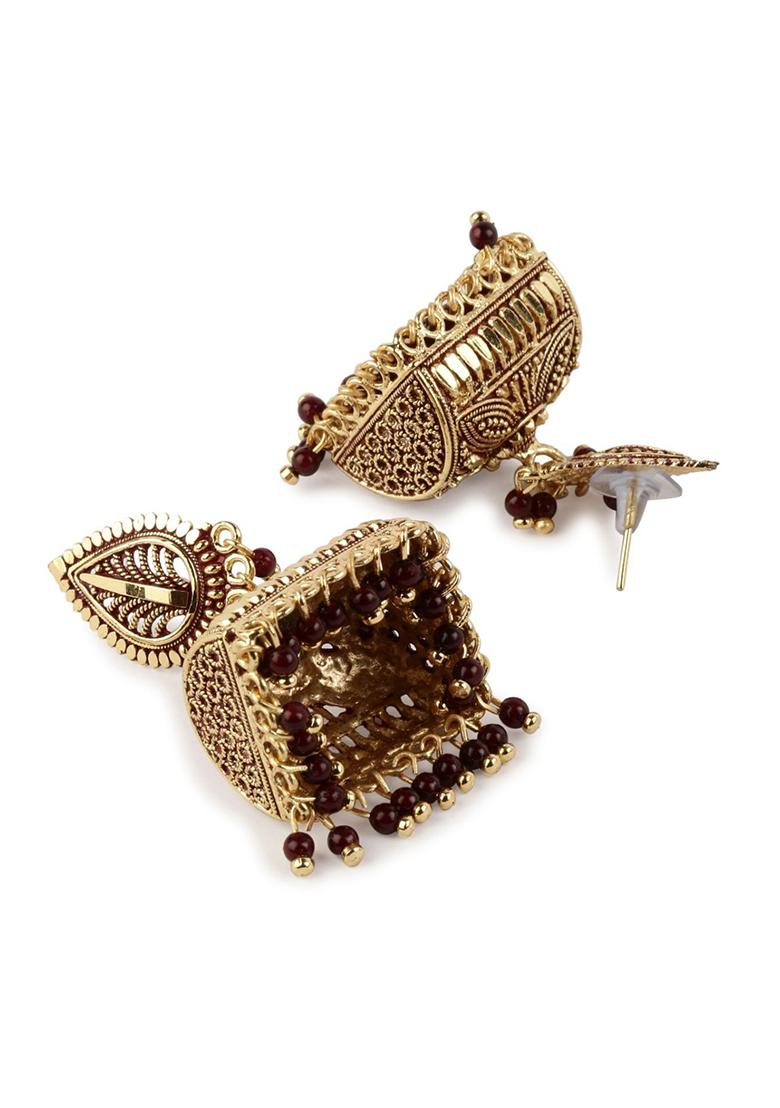 Maroon Bead Jhumka Earrings - Indya