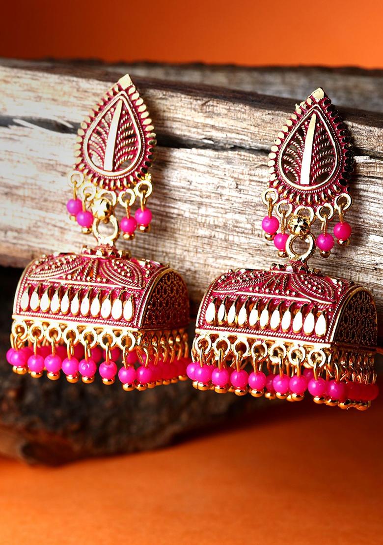 Pink Bead Jhumka Earrings