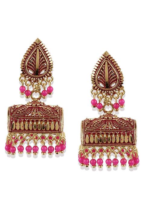 Pink Bead Jhumka Earrings