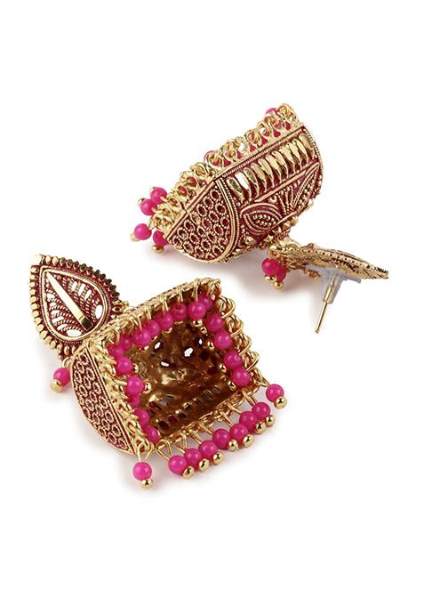 Pink Bead Jhumka Earrings