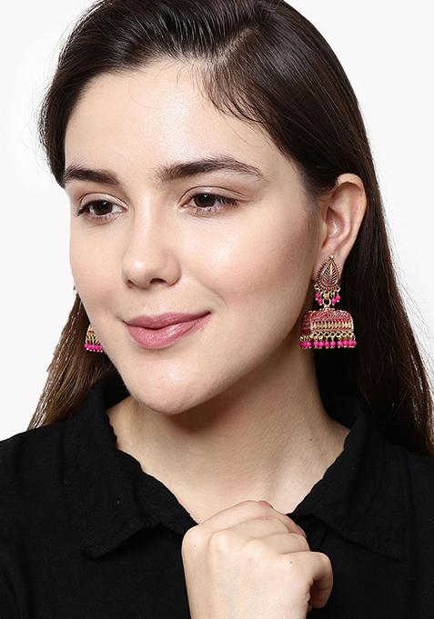 Pink Bead Jhumka Earrings