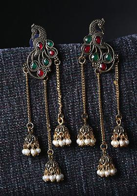 Gold Plated Artificial Stone Bead Drop Earrings