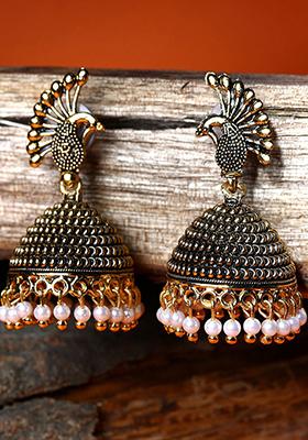 Gold Plated Bead Jhumka Earrings