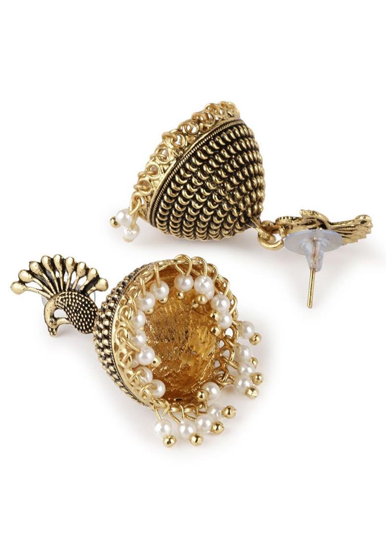 Gold Plated Bead Jhumka Earrings - Indya