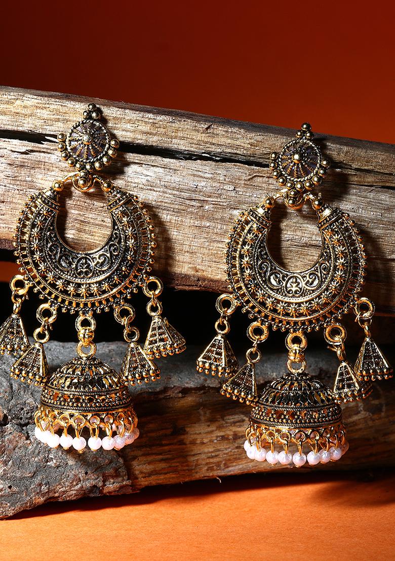 Gold Plated Bead Jhumka Earrings - Indya
