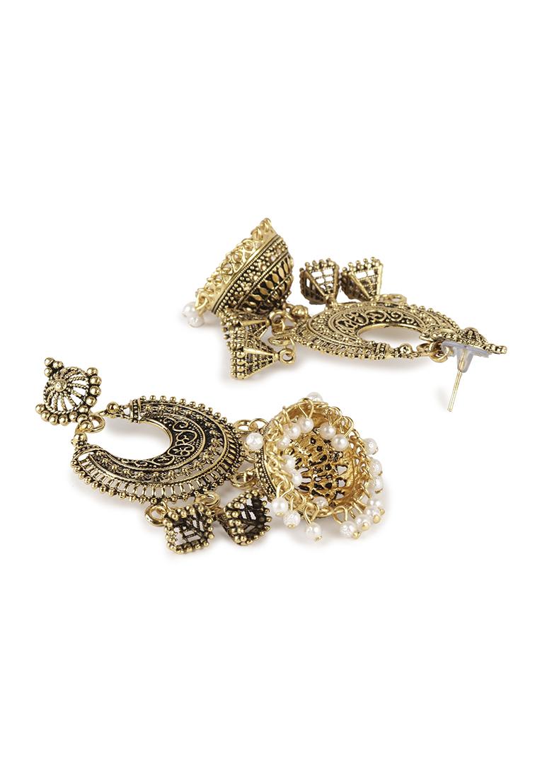 Gold Plated Bead Jhumka Earrings - Indya