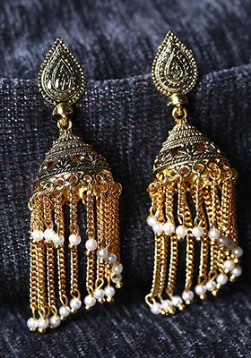 Gold Plated Bead Jhumka Earrings