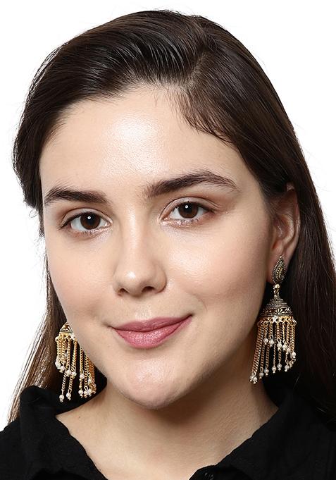 Gold Plated Bead Jhumka Earrings