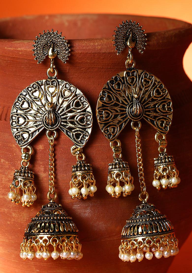 Gold Plated Bead Jhumka Earrings - Indya
