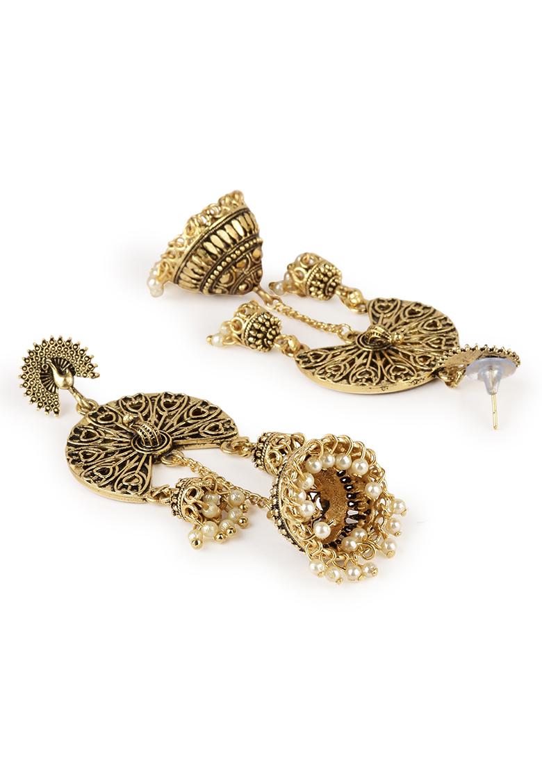 Gold Plated Bead Jhumka Earrings - Indya