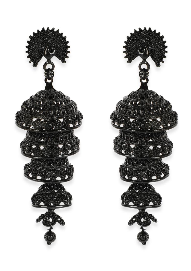 Black Enamelled Jhumka Earrings - Indya