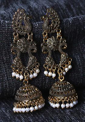 Gold Plated Bead Jhumka Earrings