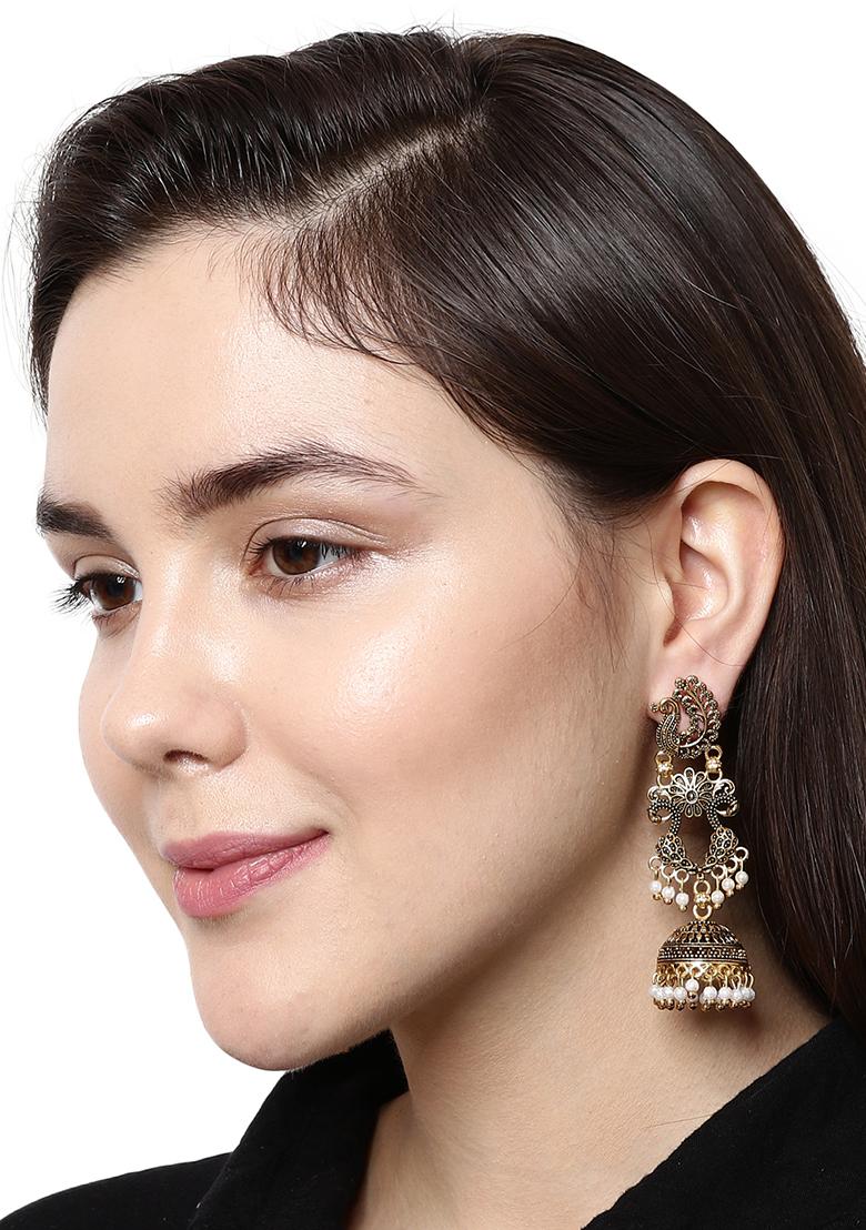 Gold Plated Bead Jhumka Earrings - Indya