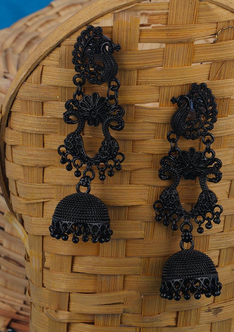 Black Enamelled Jhumka Earrings - Indya