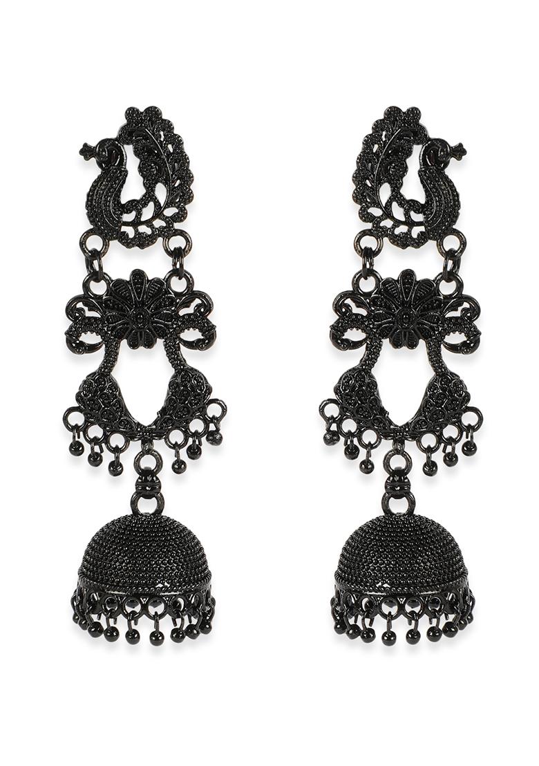 Black Enamelled Jhumka Earrings - Indya