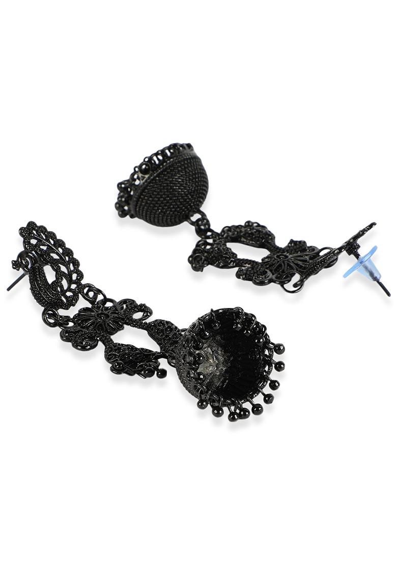 Black Enamelled Jhumka Earrings - Indya