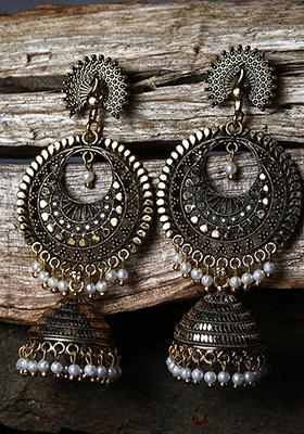 Gold Plated Bead Jhumka Earrings