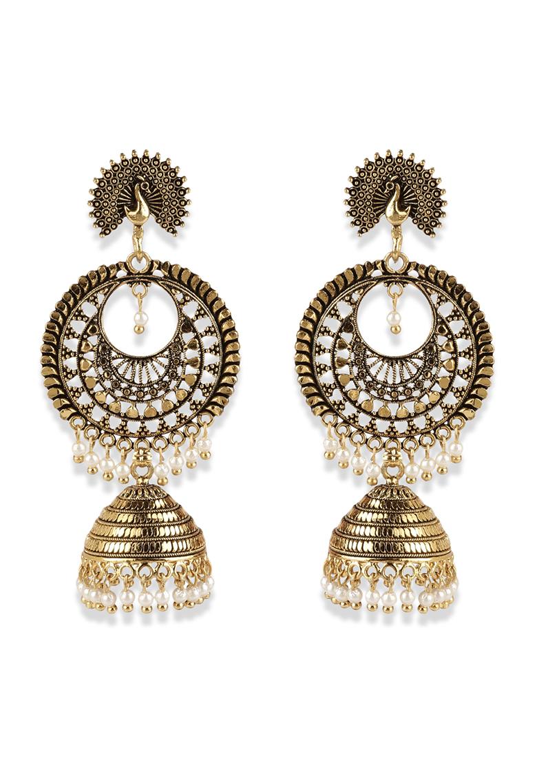 Gold Plated Bead Jhumka Earrings - Indya