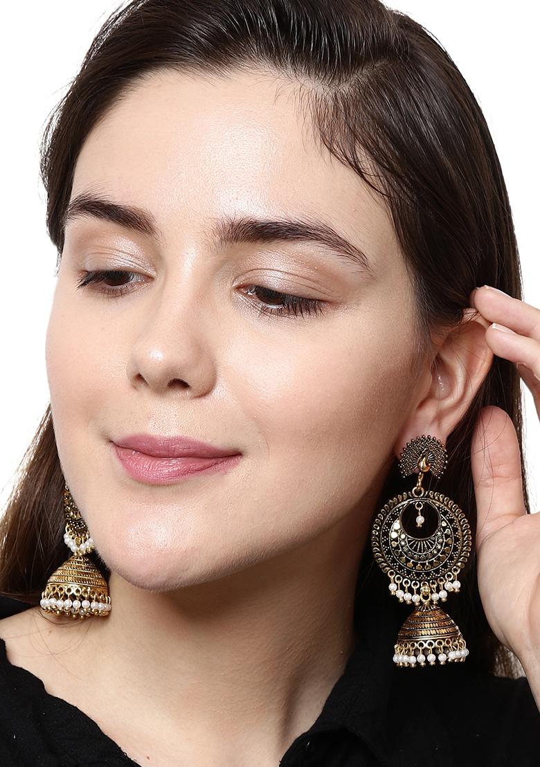 Gold Plated Bead Jhumka Earrings - Indya