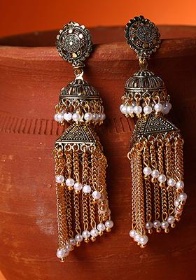Gold Plated Bead Jhumka Earrings