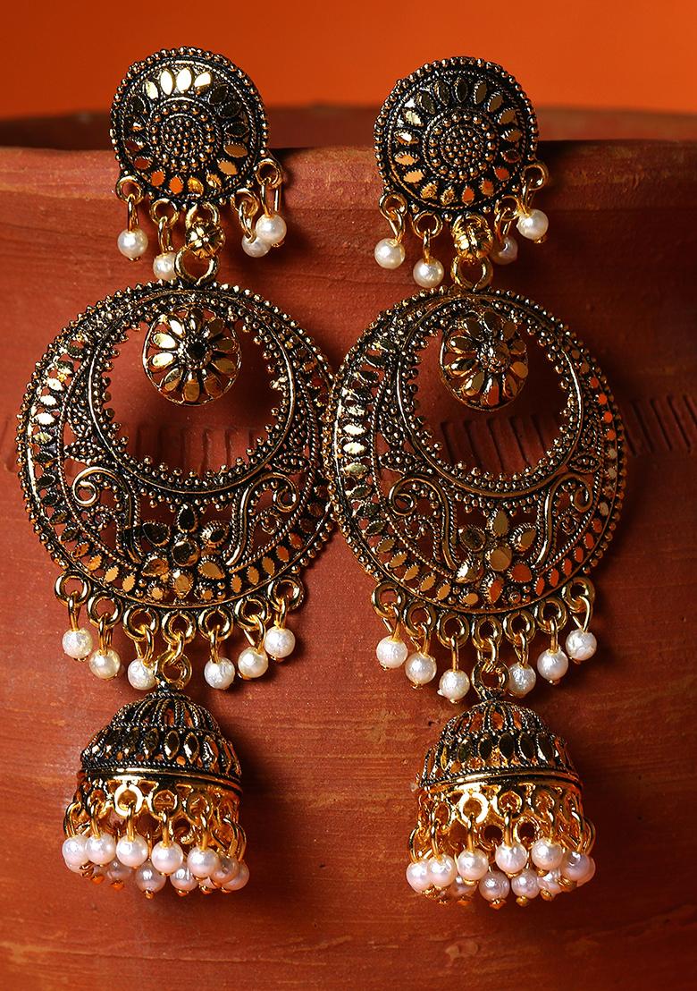 Gold Plated Bead Jhumka Earrings