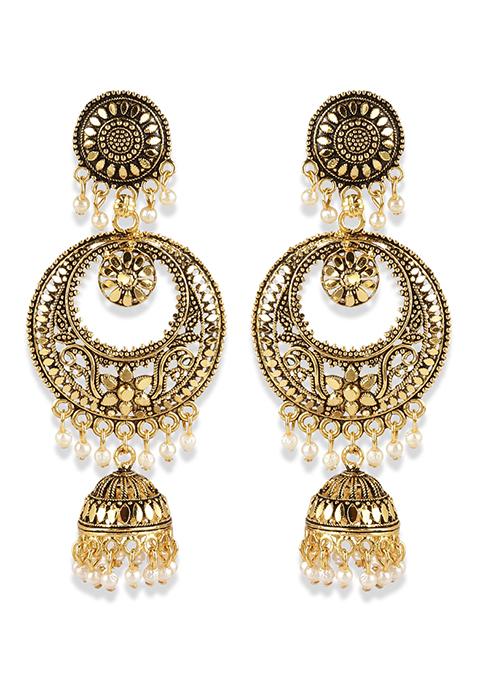 Gold Plated Bead Jhumka Earrings