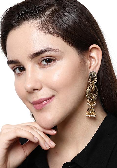 Gold Plated Bead Jhumka Earrings