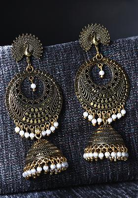 Gold Plated Bead Jhumka Earrings