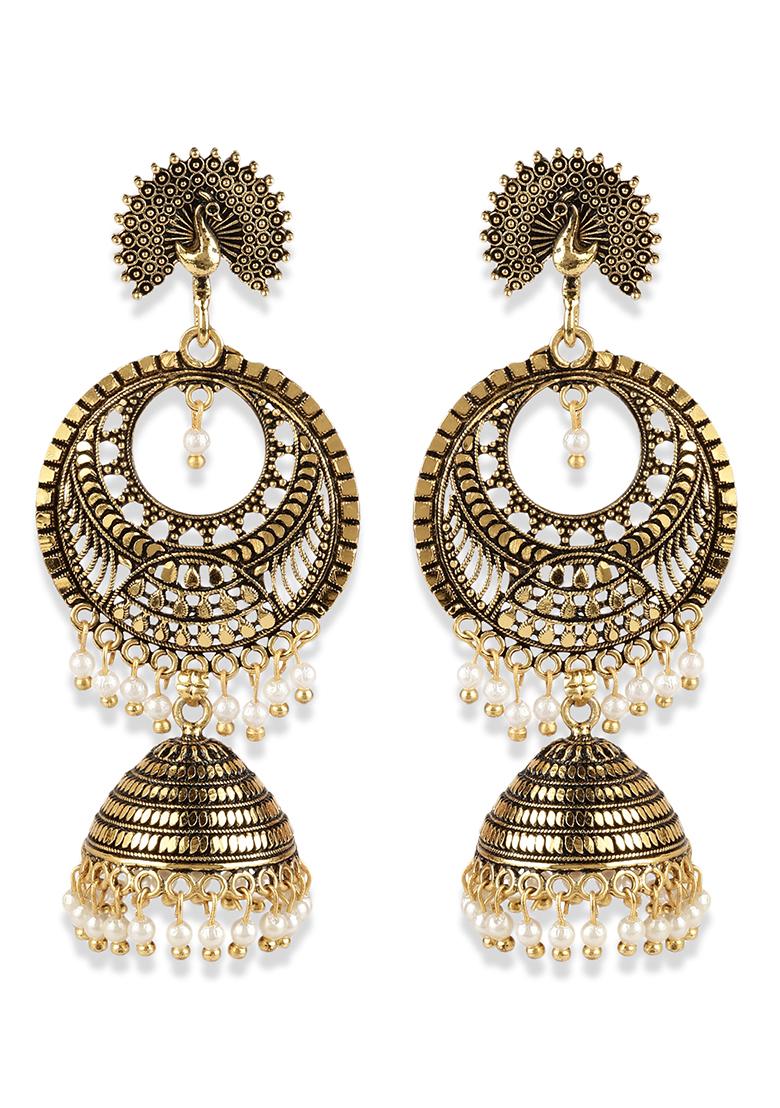 Gold Plated Bead Jhumka Earrings - Indya