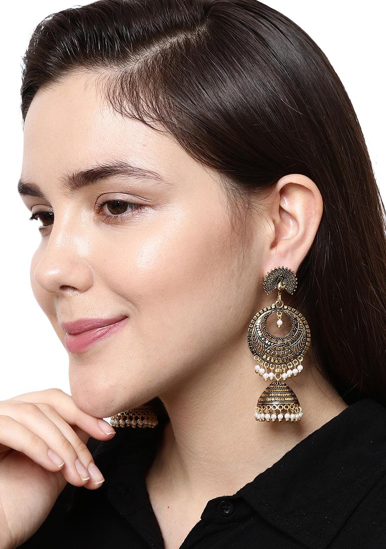 Gold Plated Bead Jhumka Earrings - Indya