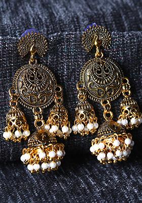 Gold Plated Bead Jhumka Earrings