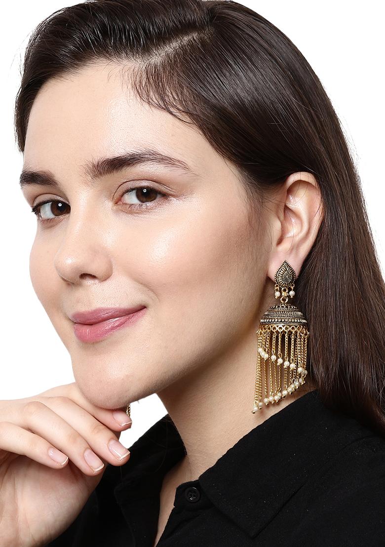 Gold Plated Bead Jhumka Earrings