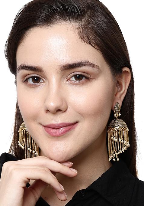 Gold Plated Bead Jhumka Earrings