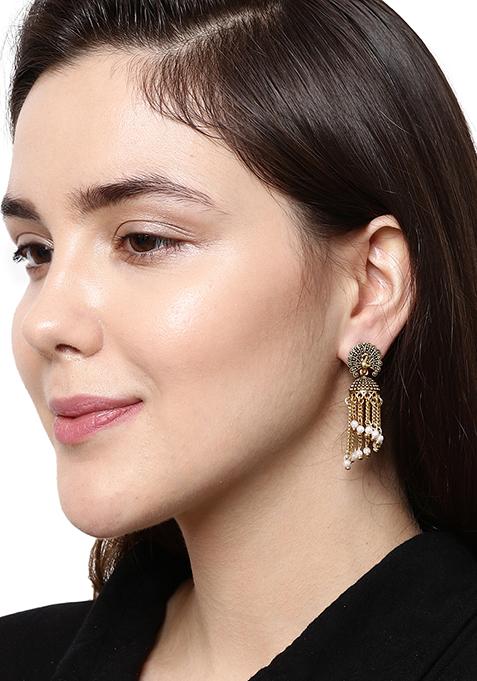 Gold Plated Bead Jhumka Earrings
