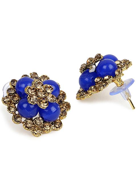 Blue Artificial Stone Bead Stud Earrings