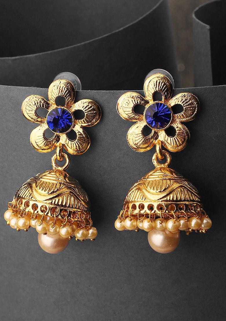 Blue Artificial Stone Bead Jhumka Earrings - Indya