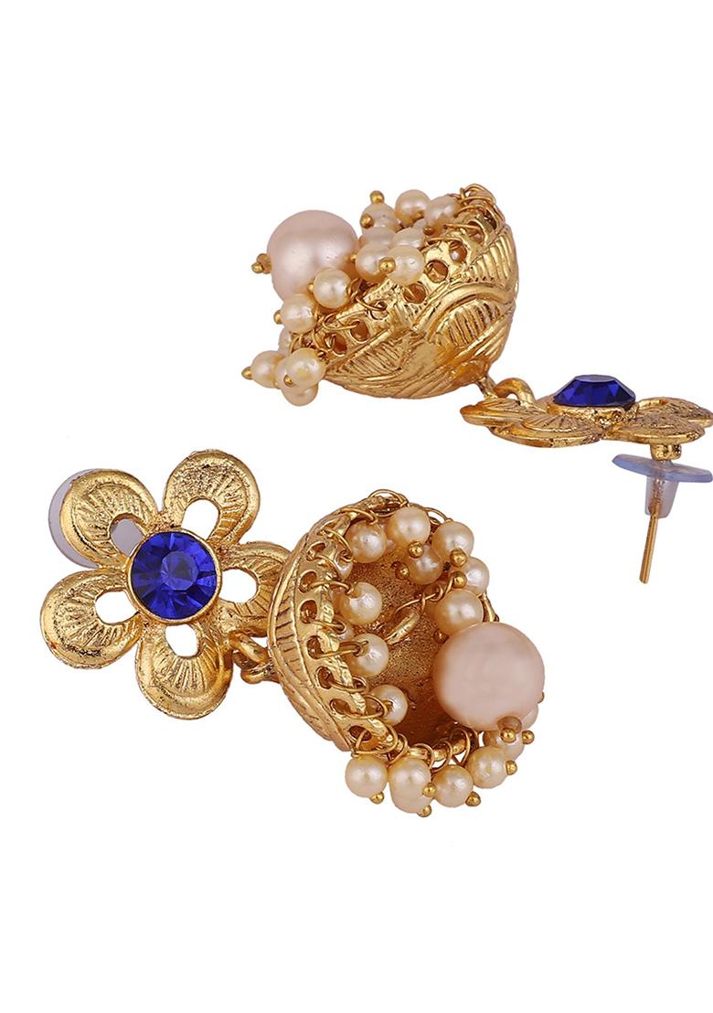 Blue Artificial Stone Bead Jhumka Earrings - Indya