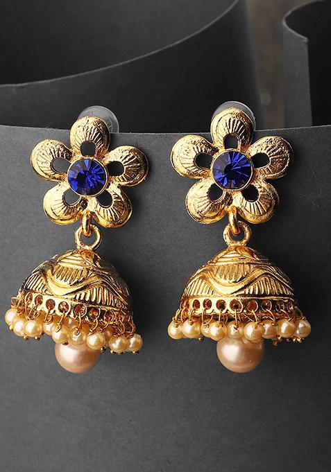 Blue Artificial Stone Bead Jhumka Earrings