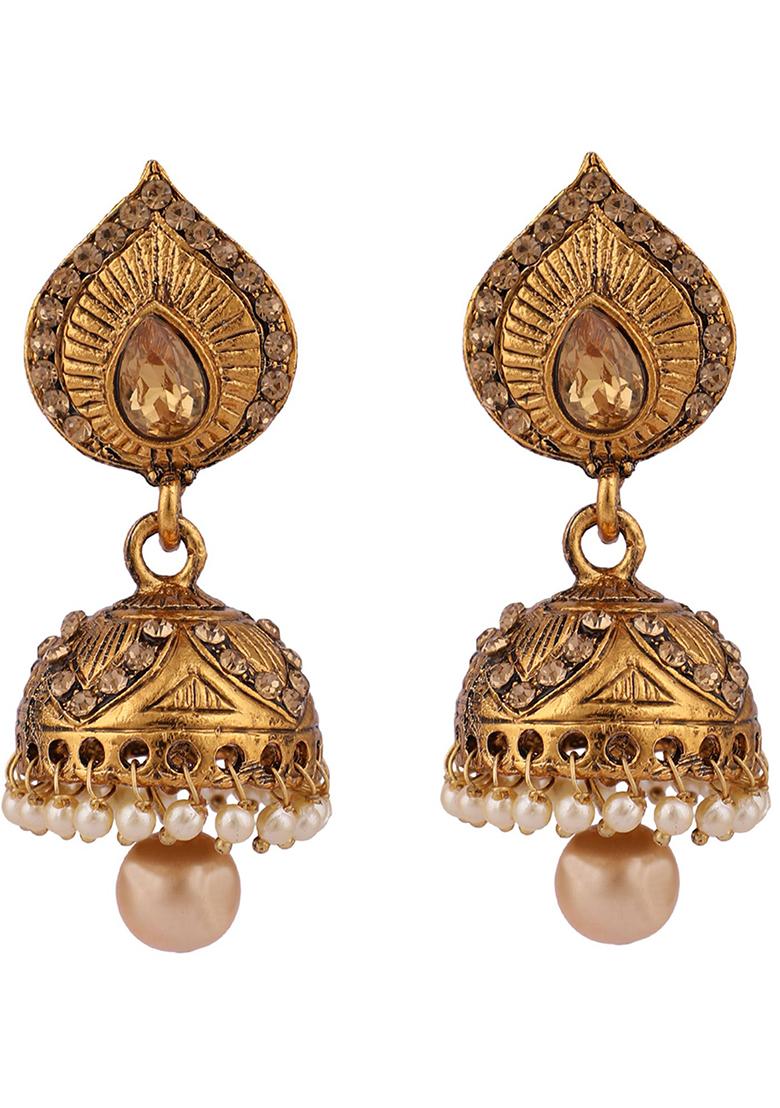 Gold Plated Artificial Stone Bead Jhumka Earrings - Indya