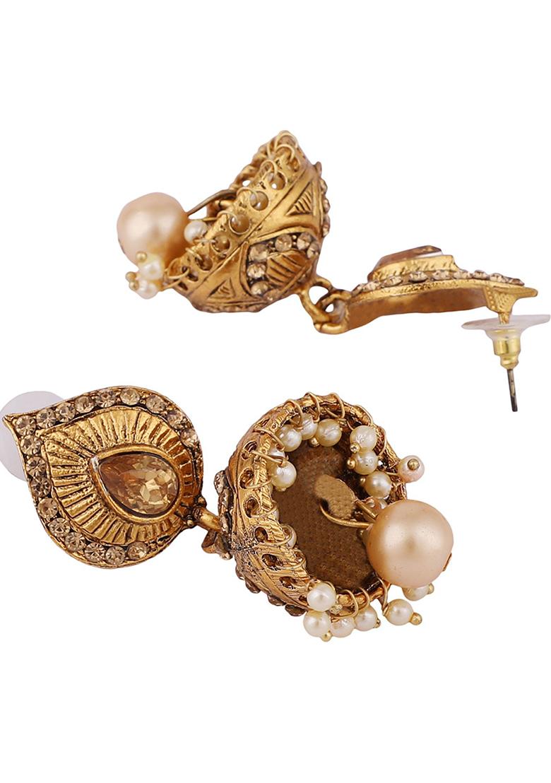 Gold Plated Artificial Stone Bead Jhumka Earrings - Indya