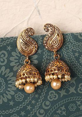 Gold Plated Artificial Stone Bead Jhumka Earrings