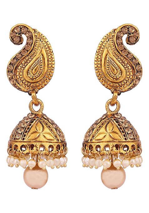 Gold Plated Artificial Stone Bead Jhumka Earrings