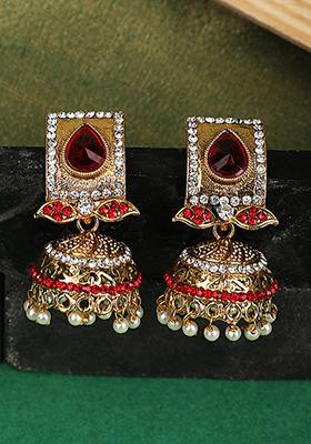 Red Artificial Stone Bead Jhumka Earrings